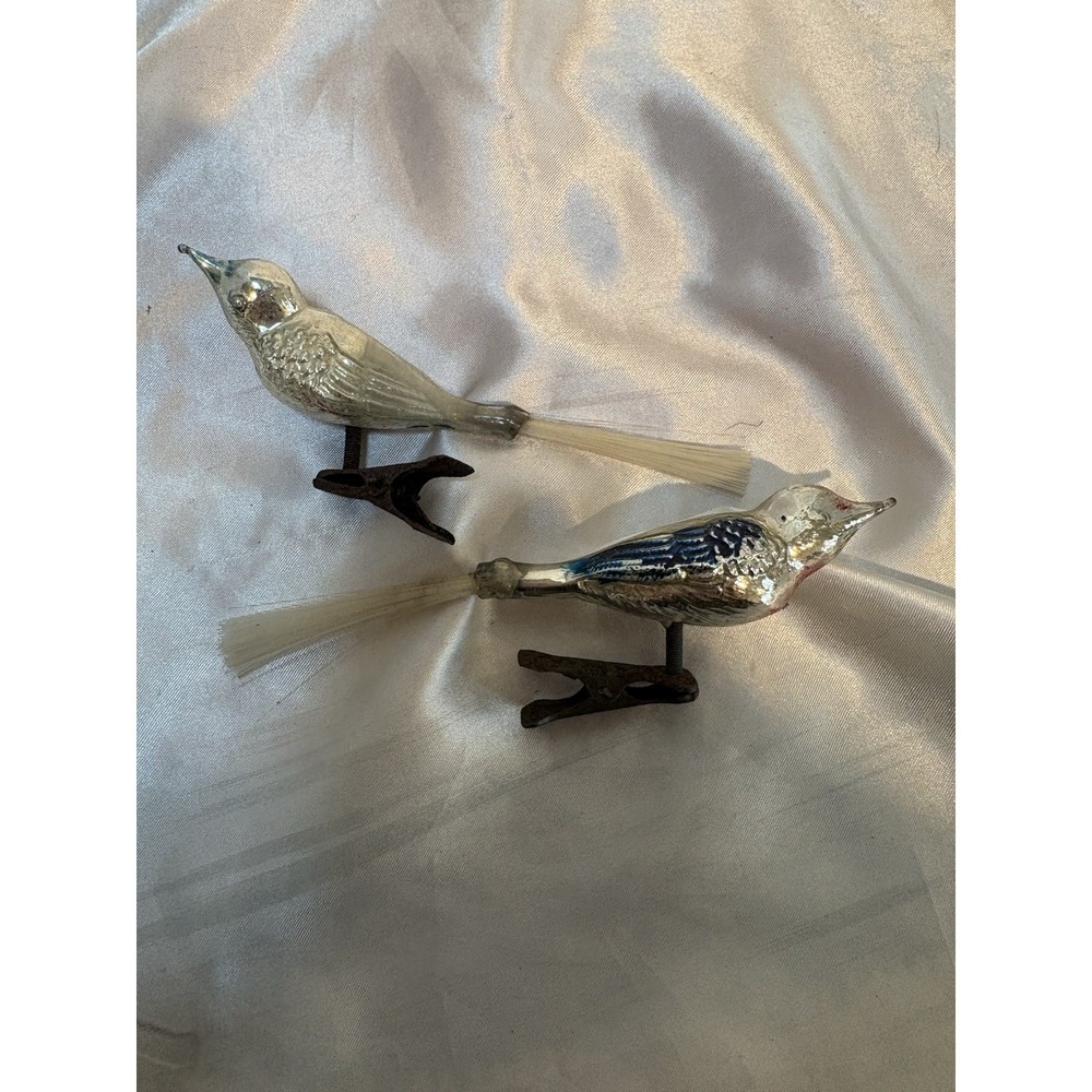 Vtg Mercury Glass Bird 2 Ornaments Spun Glass Tail Clip On Multi Color 5"